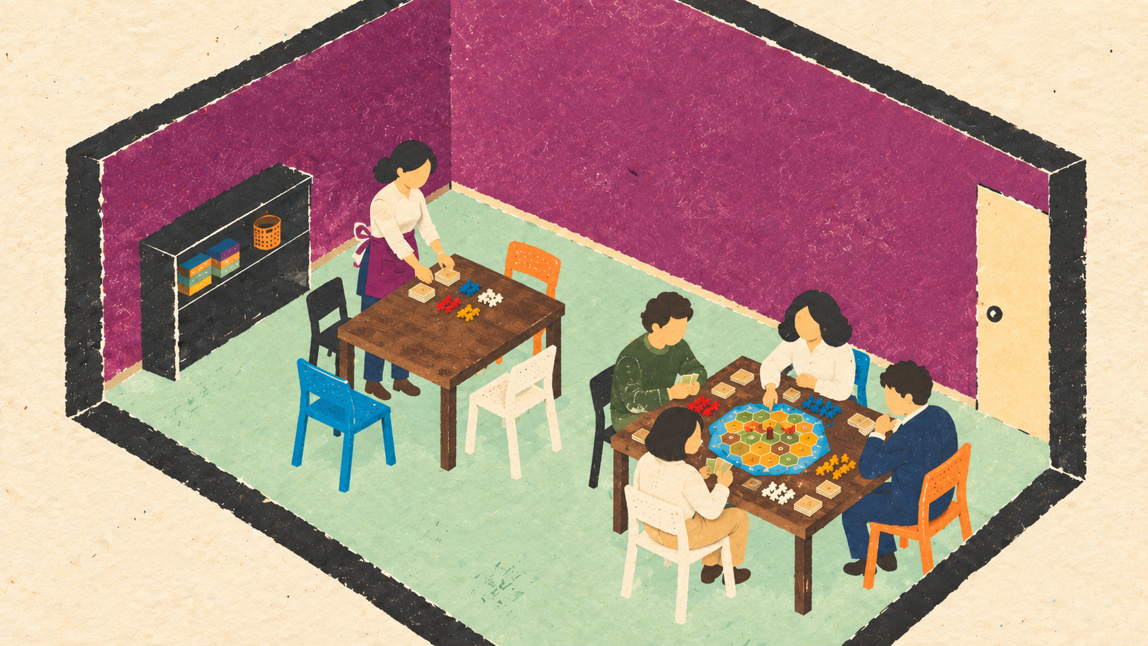 レトロな内装の店内でカタンを楽しむMEGURO GAME SALONのイラスト
